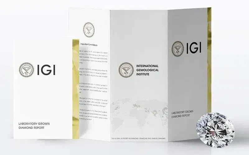 4ct brilliant round cut lab grown diamonds with IGI certified laboratory report and International Gemological Institute branding