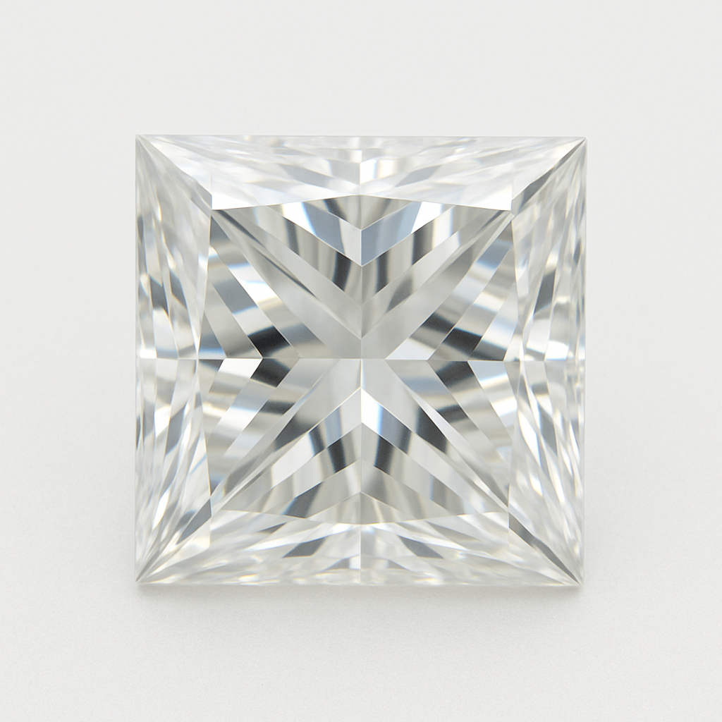 0.20ct princess cut moissanite gemstone with brilliant fire and clarity, D/VVS grade, square precision-cut stone.